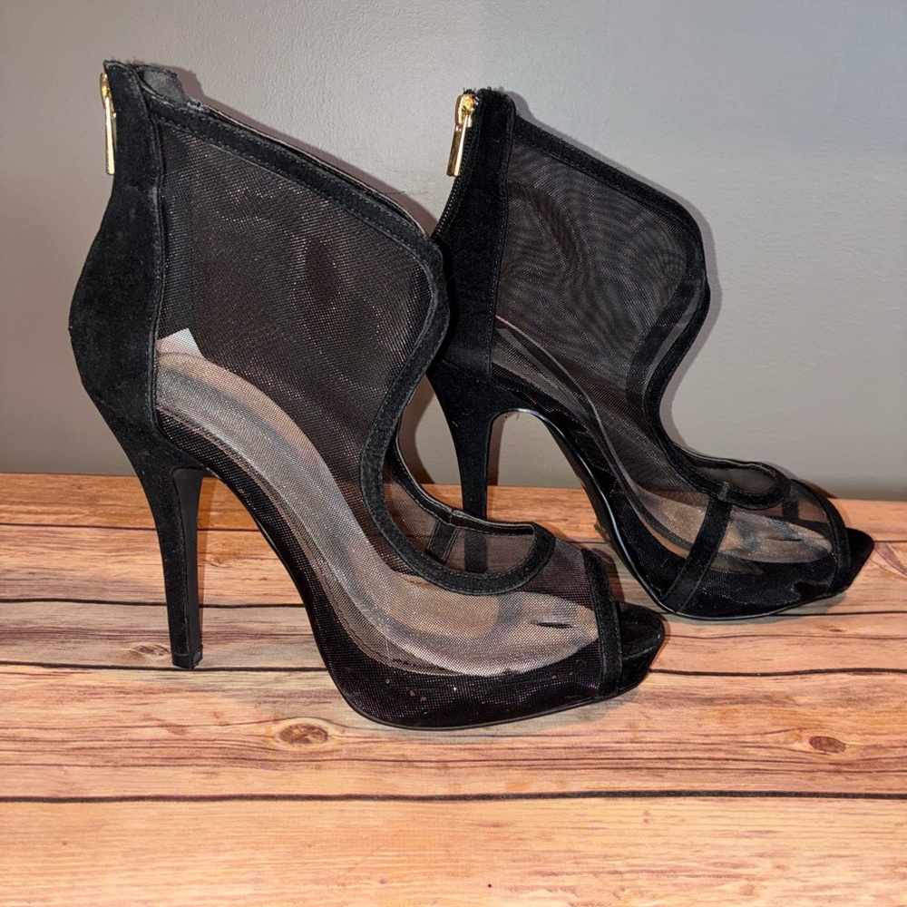 Anne Michelle Black Mesh Peep-Toe Heels